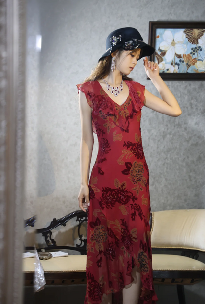 Vintage Burgundy Ruffle V-Neck Asymmetrical Mermaid Chiffon Prom Dress Evening Dress P4887