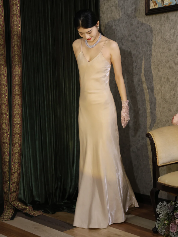 Simple Champagne Gold Spaghetti Strap V-Neck Mermaid Satin Long Prom Dress Evening Dress P4889