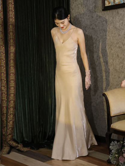 Simple Champagne Gold Spaghetti Strap V-Neck Mermaid Satin Long Prom Dress Evening Dress P4889