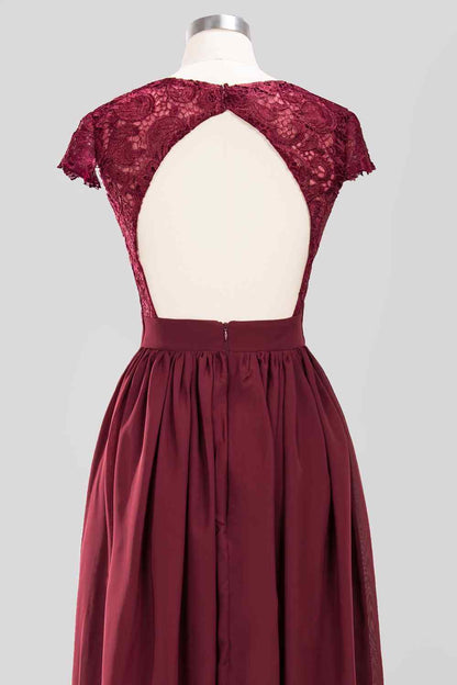 Burgundy A-line Cap Sleeves Lace Cut-Out Back Chiffon Long Bridesmaid Dress