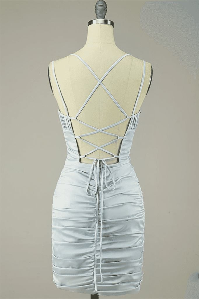 Grey Sheath Double Straps Lace-Up Back Pleated Satin Mini Dress