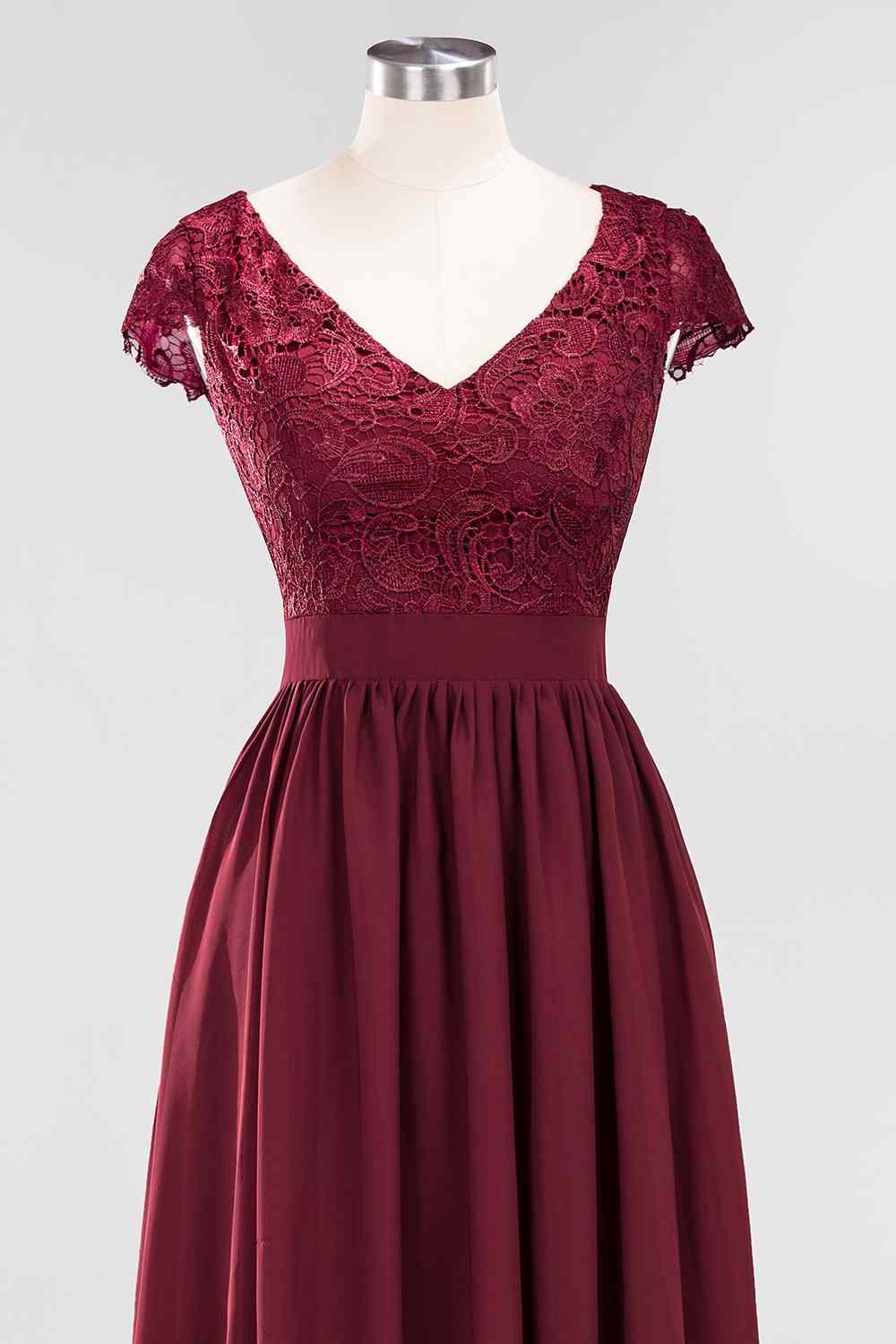 Burgundy A-line Cap Sleeves Lace Cut-Out Back Chiffon Long Bridesmaid Dress