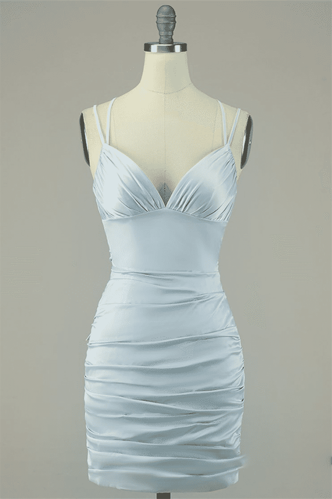 Grey Sheath Double Straps Lace-Up Back Pleated Satin Mini Dress