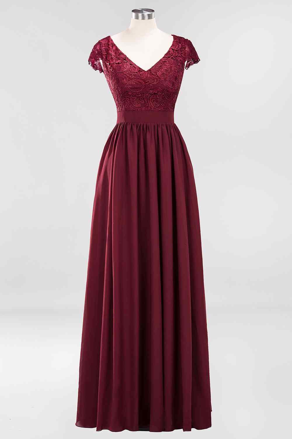 Burgundy A-line Cap Sleeves Lace Cut-Out Back Chiffon Long Bridesmaid Dress
