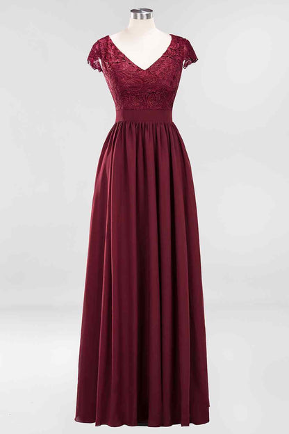 Burgundy A-line Cap Sleeves Lace Cut-Out Back Chiffon Long Bridesmaid Dress
