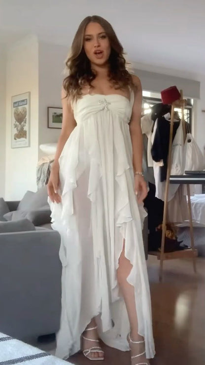 Simple Strapless White Chiffon Prom Dress Sleeveless Evening Dresses P267