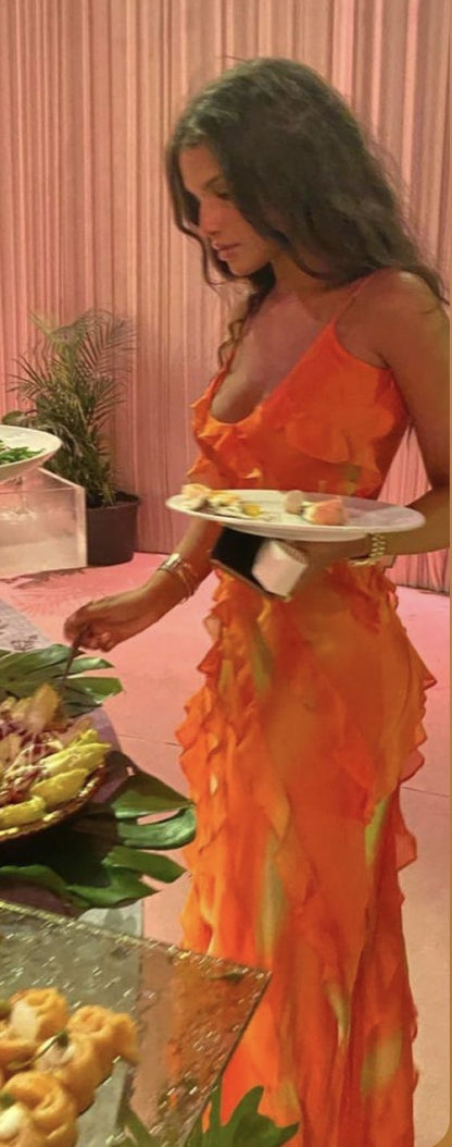 Orange Spaghetti Strap Sexy Ruffle Hem Mermaid Long Party Dress Wedding Guest Dress Ball Gown Irregular Bodycon Evening Dress gh3036
