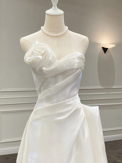 Elegant White Mermaid Strapless Satin Wedding Dress with Train P4089