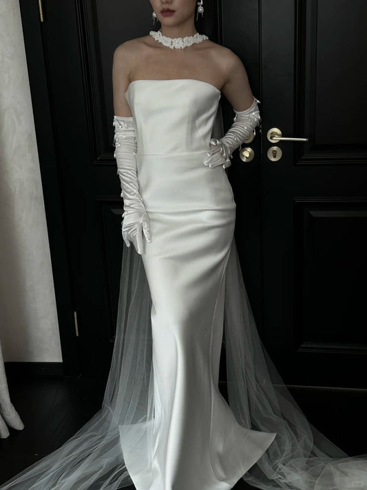 Simple White Strapless Mermaid Satin Long Wedding Dress P4890