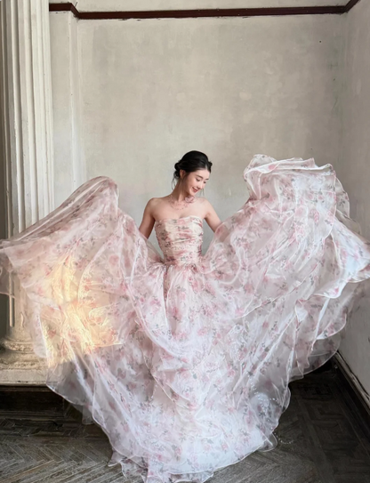 Beautiful Pink Rose Print Strapless Layered Organza Train Prom Dress Evening Dress P4891