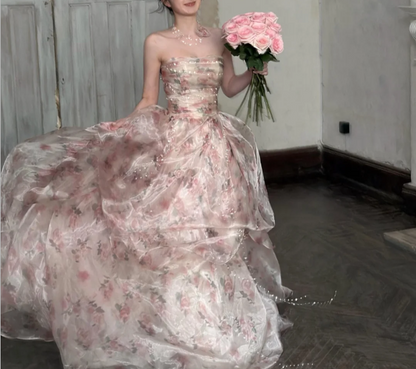 Beautiful Pink Rose Print Strapless Layered Organza Train Prom Dress Evening Dress P4891