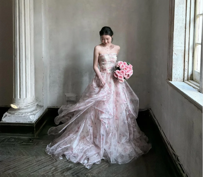 Beautiful Pink Rose Print Strapless Layered Organza Train Prom Dress Evening Dress P4891