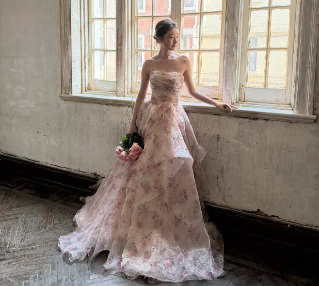 Beautiful Pink Rose Print Strapless Layered Organza Train Prom Dress Evening Dress P4891