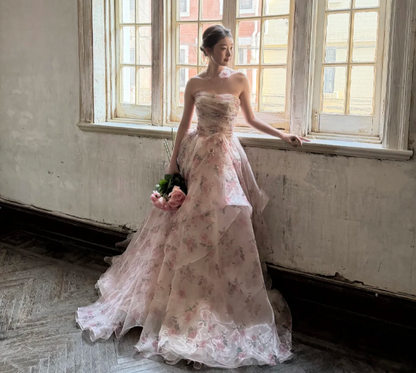 Beautiful Pink Rose Print Strapless Layered Organza Train Prom Dress Evening Dress P4891