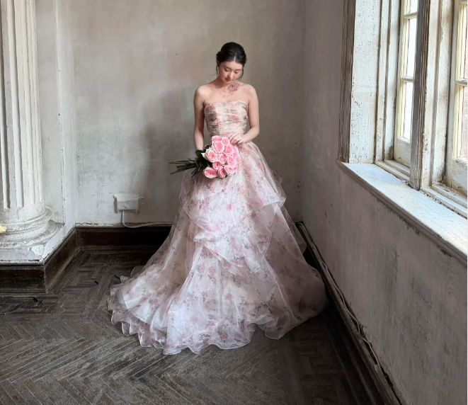 Beautiful Pink Rose Print Strapless Layered Organza Train Prom Dress Evening Dress P4891