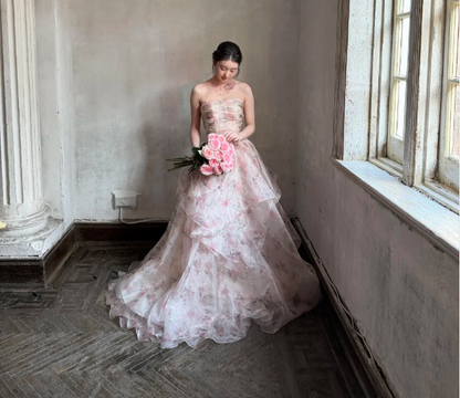 Beautiful Pink Rose Print Strapless Layered Organza Train Prom Dress Evening Dress P4891