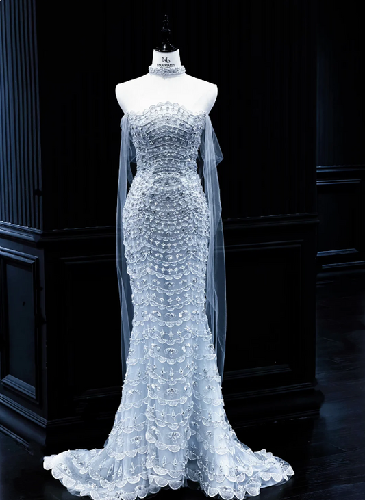 Luxury Ice Blue Strapless Beaded Tulle Train Prom Dress Evening Dress P4894