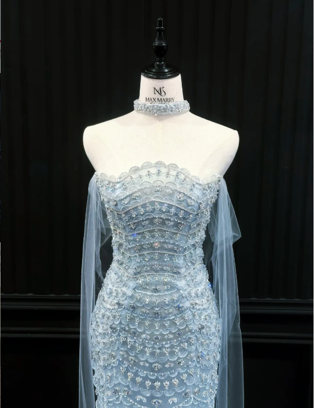 Luxury Ice Blue Strapless Beaded Tulle Train Prom Dress Evening Dress P4894