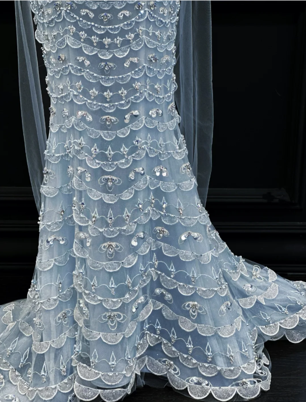 Luxury Ice Blue Strapless Beaded Tulle Train Prom Dress Evening Dress P4894