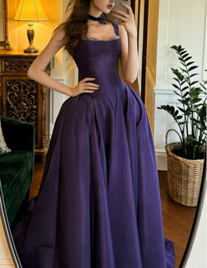 Vintage Dark Purple Strap A-Line Satin Train Prom Dress Evening Dress P4895