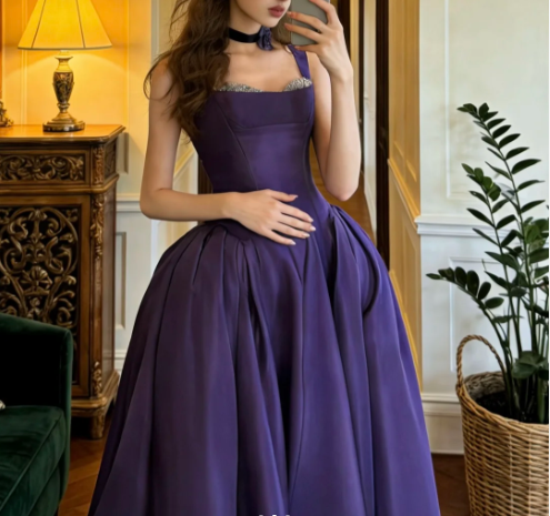Vintage Dark Purple Strap A-Line Satin Train Prom Dress Evening Dress P4895