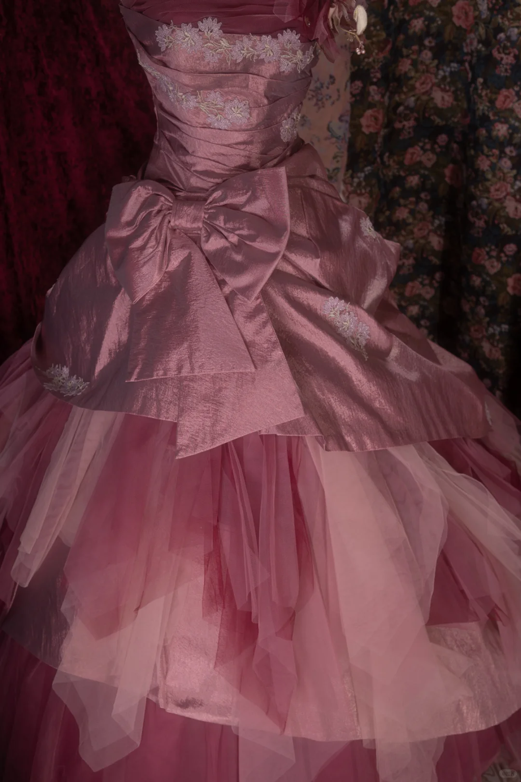 Gorgeous Pink Strapless Tiered Tulle & Satin Floral Ball Gown TP5788