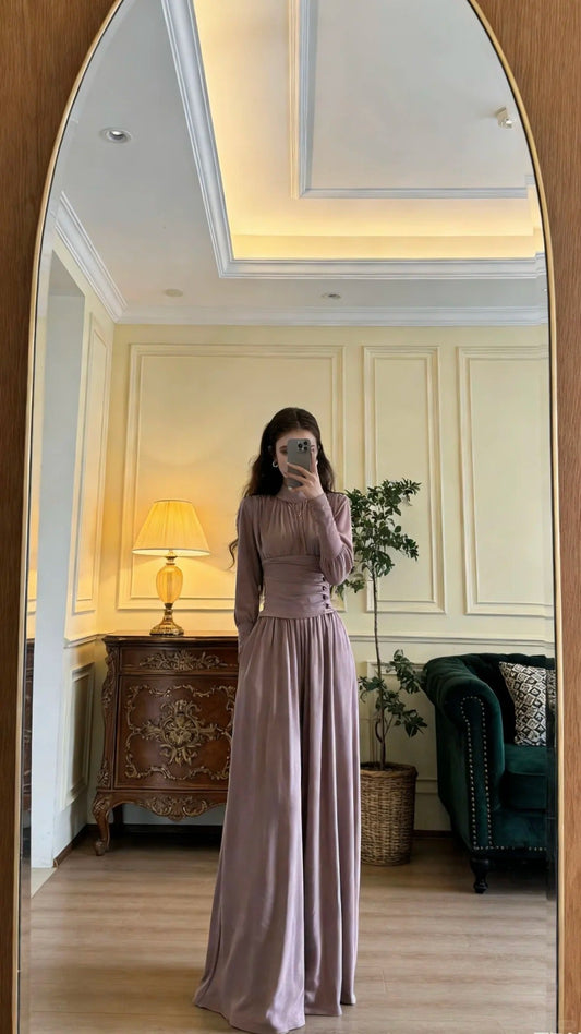 Elegant Dusty Purple Stand Collar Long Sleeve Waist Fitted Velvet Long Prom Dress Evening Dress P4897