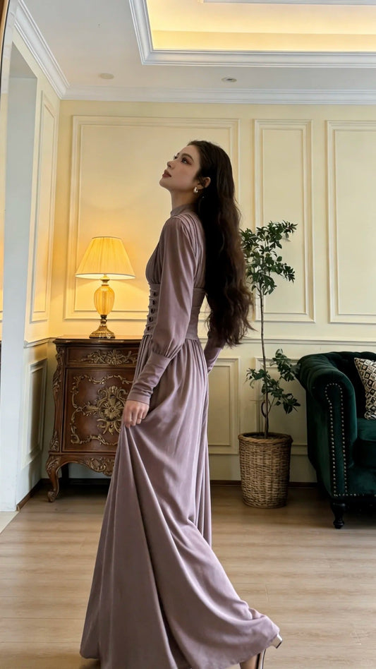 Elegant Dusty Purple Stand Collar Long Sleeve Waist Fitted Velvet Long Prom Dress Evening Dress P4897