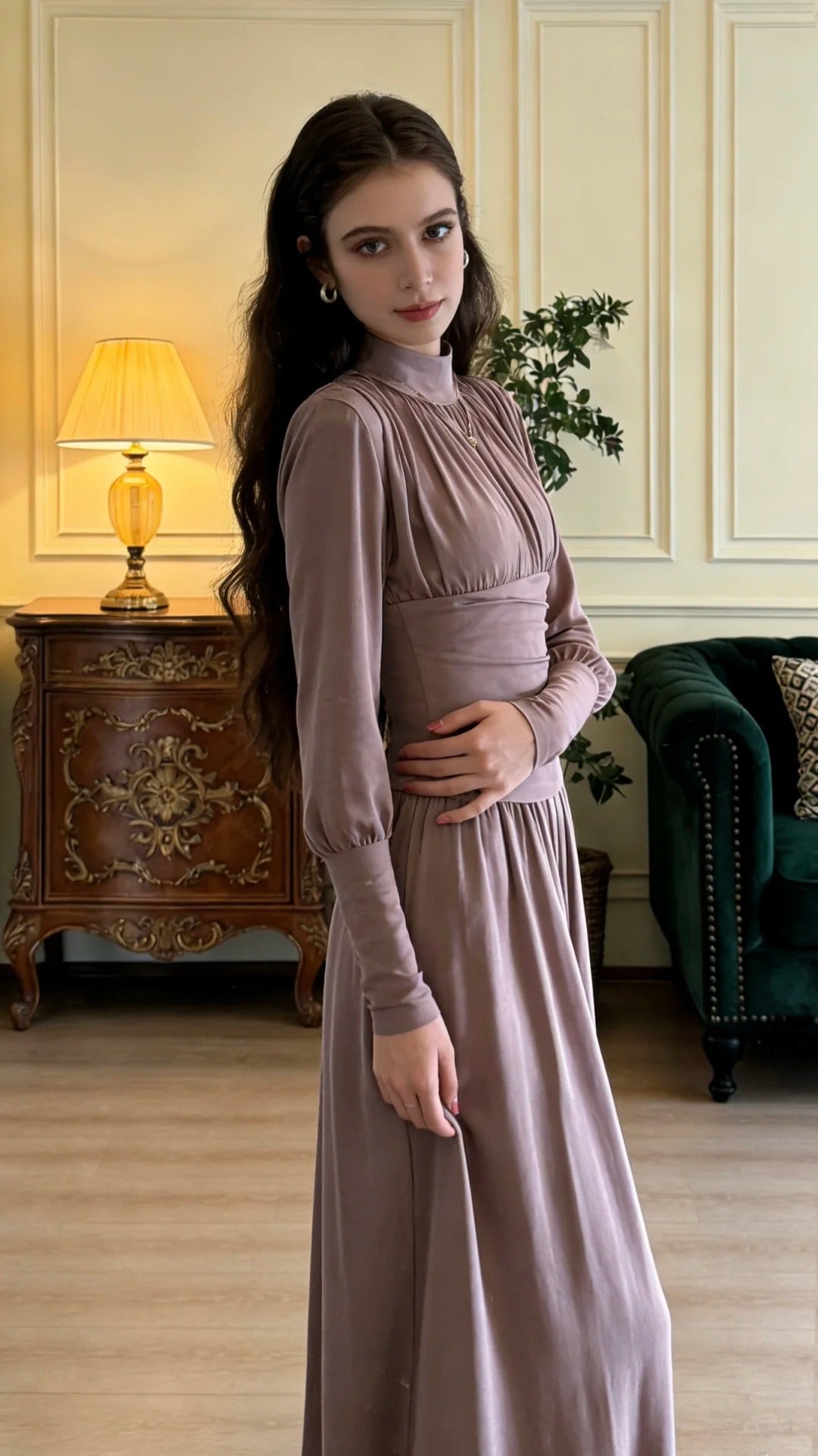 Elegant Dusty Purple Stand Collar Long Sleeve Waist Fitted Velvet Long Prom Dress Evening Dress P4897