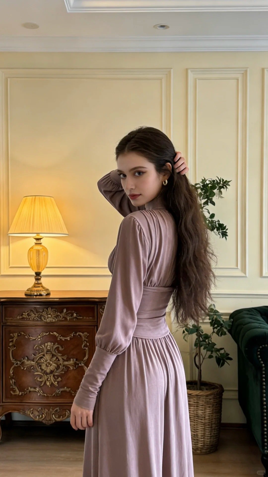 Elegant Dusty Purple Stand Collar Long Sleeve Waist Fitted Velvet Long Prom Dress Evening Dress P4897