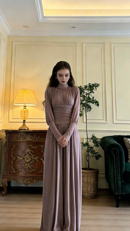 Elegant Dusty Purple Stand Collar Long Sleeve Waist Fitted Velvet Long Prom Dress Evening Dress P4897