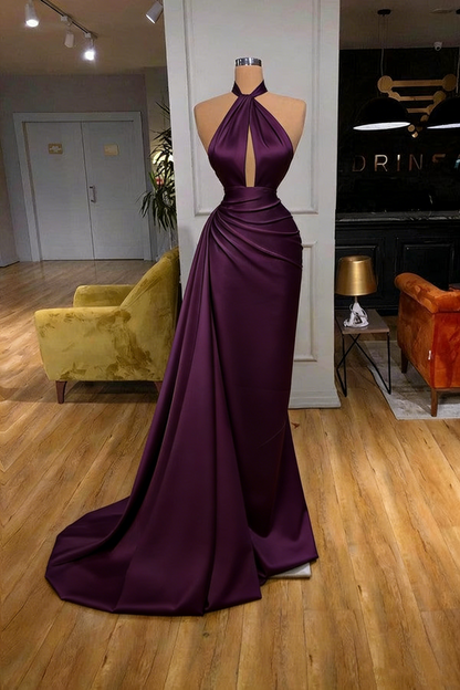 Vintage Mermaid Halter Sleeveless Ivory Long Prom Dresses P496