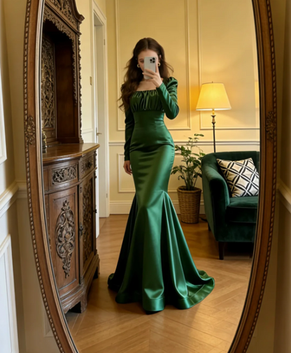Vintage Dark Green Square Neck Long Sleeve Mermaid Satin Train Prom Dress Evening Dress P4898