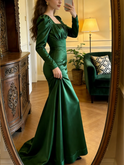 Vintage Dark Green Square Neck Long Sleeve Mermaid Satin Train Prom Dress Evening Dress P4898