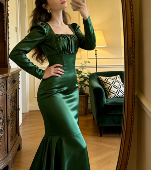 Vintage Dark Green Square Neck Long Sleeve Mermaid Satin Train Prom Dress Evening Dress P4898