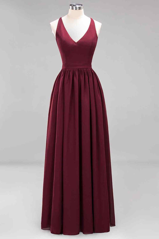 Burgundy A-line Sweetheart Sleeves Pleated Chiffon Long Bridesmaid Dress
