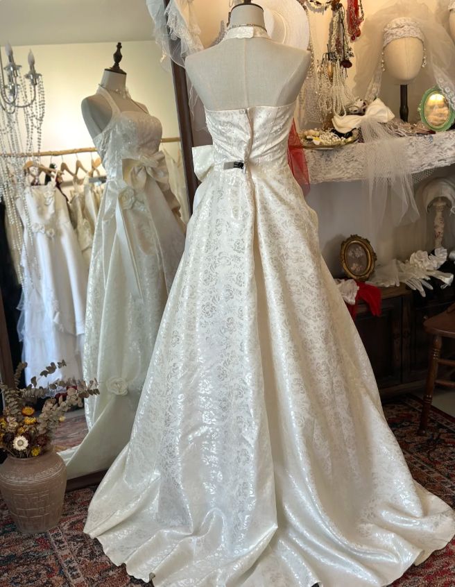 Glamorous A-Line Halter Neck Oversized Bow Brocade Wedding Dress Floral Bridal Gown TP5088