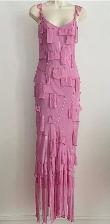 Pink Shiny Flowing Long Elegant Spaghetti Strap Chiffon Ball Gown Evening Dress Party Dress gh3238