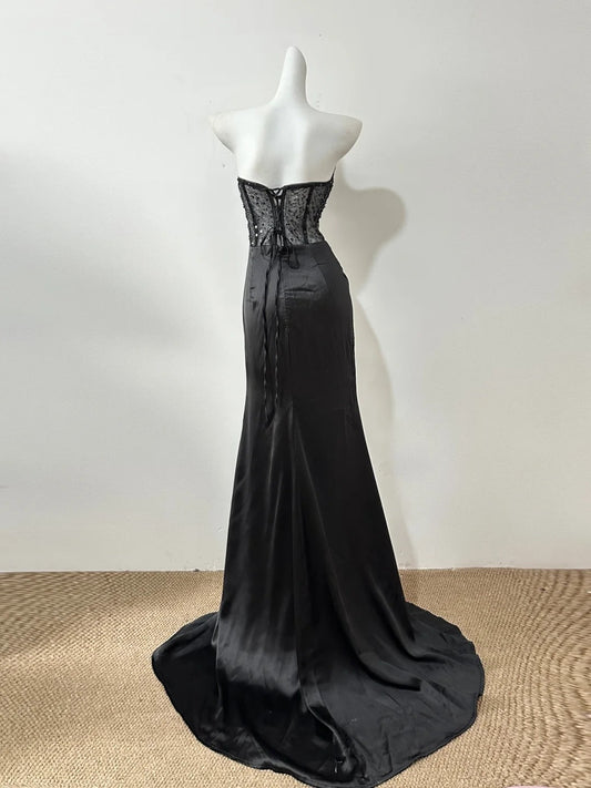 Black Sparkling Elegant Exquisite Beaded Long Floor Length Satin Sequin Ball Gown Evening Gown Party Dress gh4188
