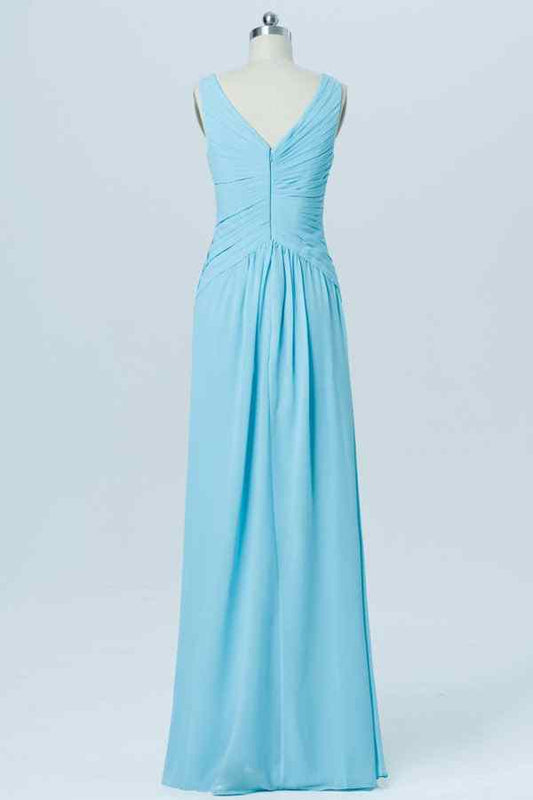 Blue A-line Chiffon Pleated Twist Knot Long Bridesmaid Dress