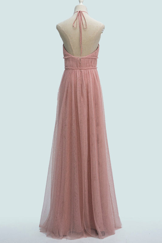 Blushing Pink A-line Halter Pleated Backless Long Bridesmaid Dress