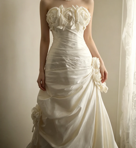 White strapless fitted waist vintage-style ball gown, evening gown gh7124