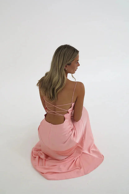 Spaghetti Straps Satin A-Line Party Prom Dress With Slit