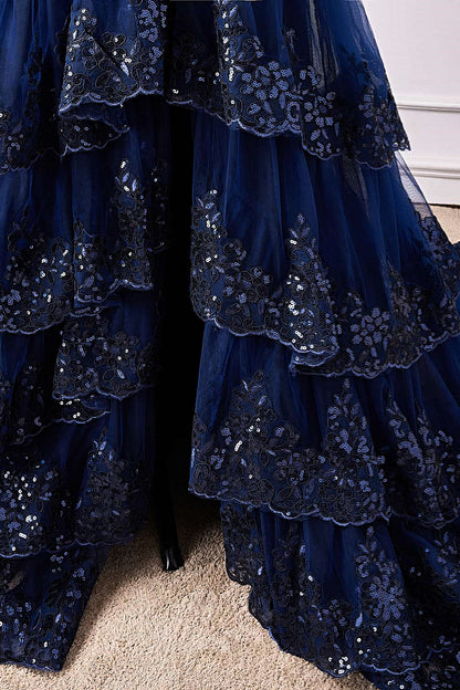 Dark Navy One Shoulder Layers Floral Long Prom Dress with Slit