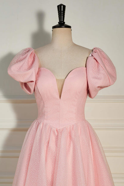 Pink Plunging V Neck Dot Lace-Up A-line Homecoming Dress