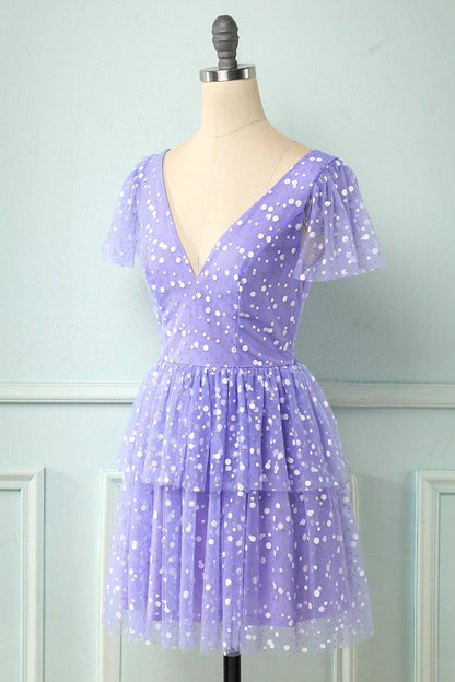 Lilac A-line V Neck Multi-Layers Mini Homecoming Dress with Dot