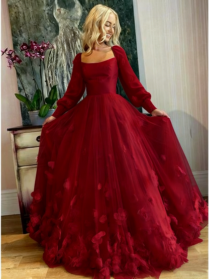 A-Line Prom Dresses Maxi Dress Floor Length Long Sleeves Tulle with Appliques 22th Birthday Outfits P649