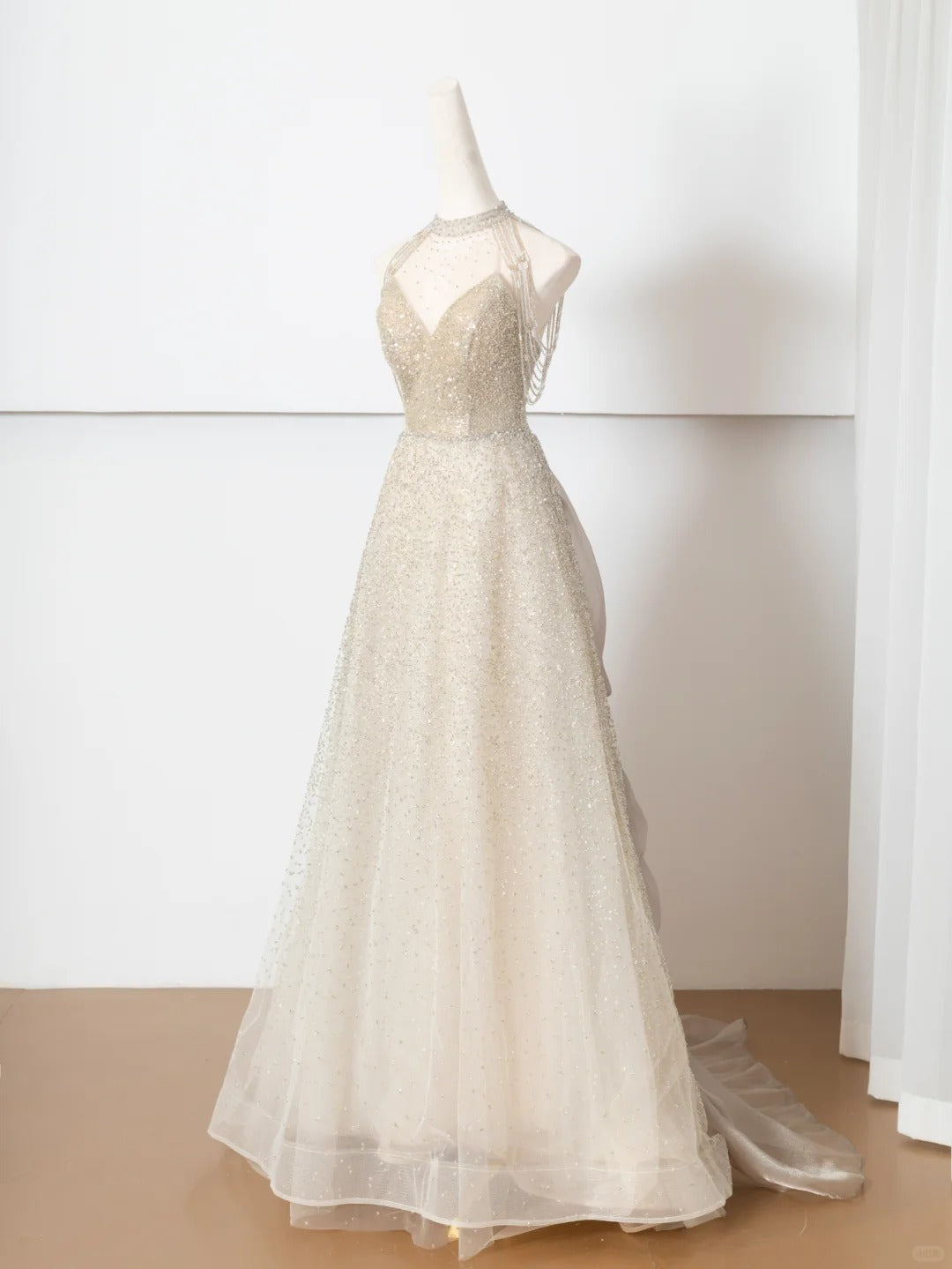 Champagne gold shining elegant tulle long prom dress evening dress party dress gh4870