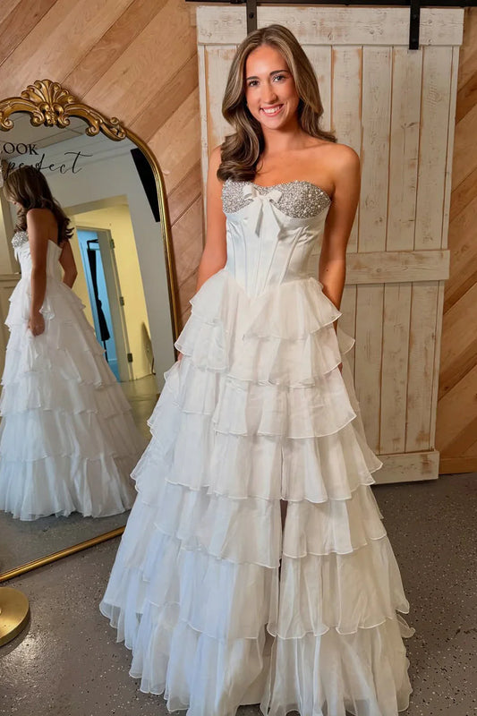 A-Line Empire Beaded Strapless Tiered Party Prom Dress With Slit