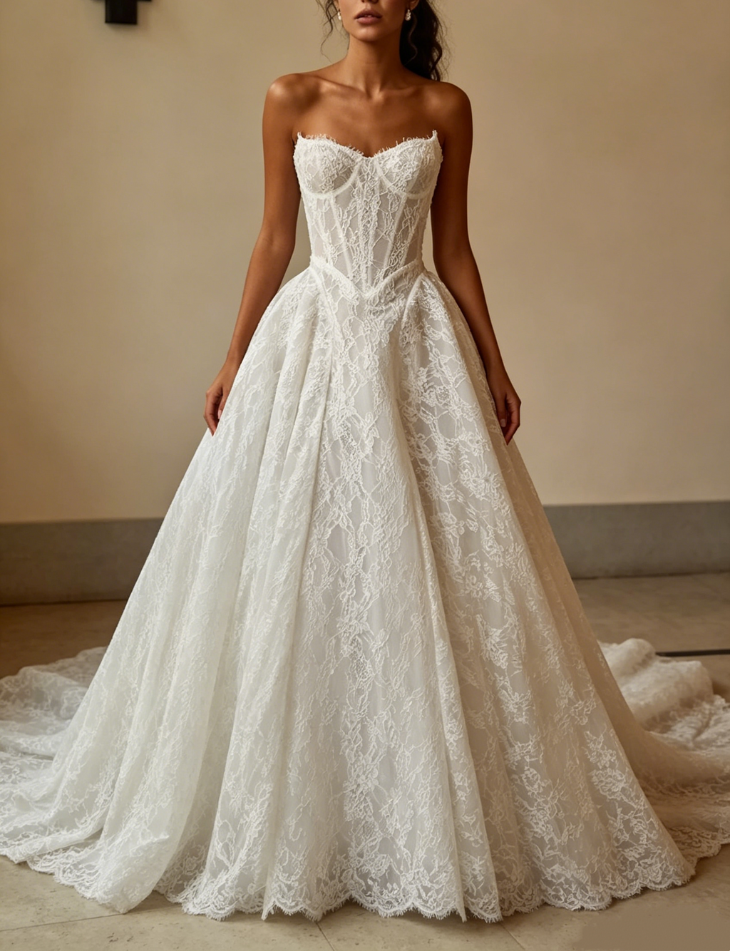 Classic Ivory Strapless Sweetheart Corset Bodice Floral Lace A-Line Wedding Dress TP5918
